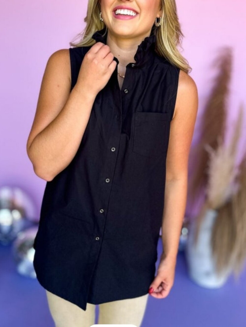 SSYS Black Sleeveless Button-Up Shirt